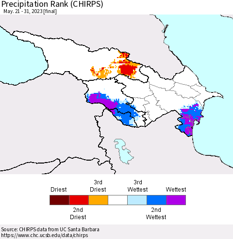 Azerbaijan, Armenia and Georgia Precipitation Rank since 1981 (CHIRPS) Thematic Map For 5/21/2023 - 5/31/2023
