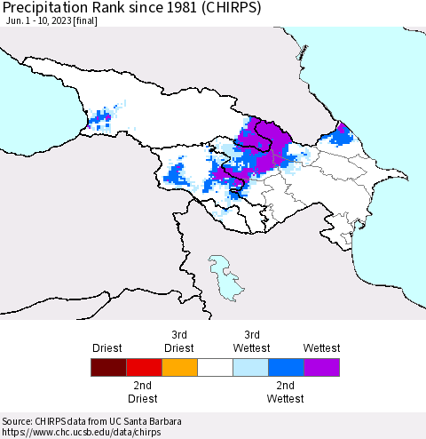 Azerbaijan, Armenia and Georgia Precipitation Rank since 1981 (CHIRPS) Thematic Map For 6/1/2023 - 6/10/2023