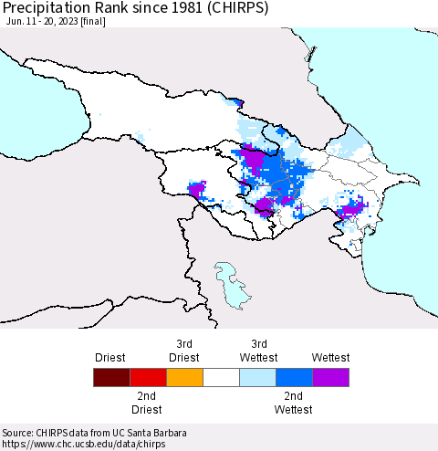 Azerbaijan, Armenia and Georgia Precipitation Rank since 1981 (CHIRPS) Thematic Map For 6/11/2023 - 6/20/2023