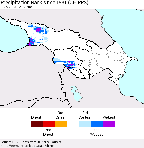 Azerbaijan, Armenia and Georgia Precipitation Rank since 1981 (CHIRPS) Thematic Map For 6/21/2023 - 6/30/2023
