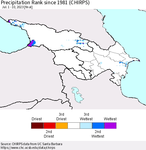 Azerbaijan, Armenia and Georgia Precipitation Rank since 1981 (CHIRPS) Thematic Map For 7/1/2023 - 7/10/2023