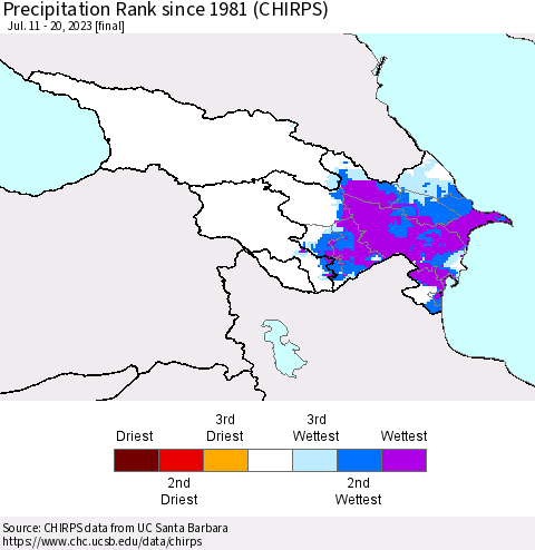 Azerbaijan, Armenia and Georgia Precipitation Rank since 1981 (CHIRPS) Thematic Map For 7/11/2023 - 7/20/2023