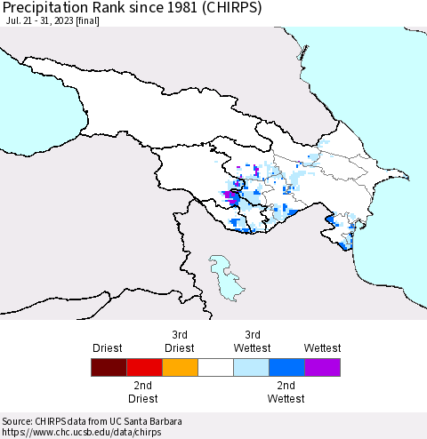 Azerbaijan, Armenia and Georgia Precipitation Rank since 1981 (CHIRPS) Thematic Map For 7/21/2023 - 7/31/2023