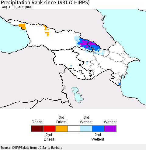 Azerbaijan, Armenia and Georgia Precipitation Rank since 1981 (CHIRPS) Thematic Map For 8/1/2023 - 8/10/2023