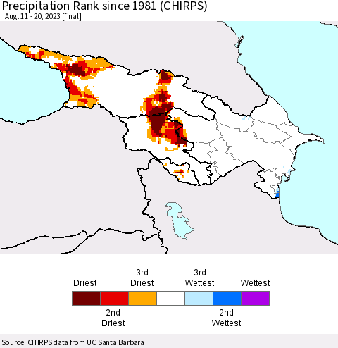 Azerbaijan, Armenia and Georgia Precipitation Rank since 1981 (CHIRPS) Thematic Map For 8/11/2023 - 8/20/2023