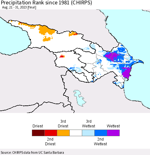 Azerbaijan, Armenia and Georgia Precipitation Rank since 1981 (CHIRPS) Thematic Map For 8/21/2023 - 8/31/2023