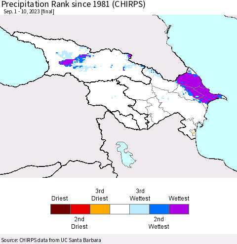 Azerbaijan, Armenia and Georgia Precipitation Rank since 1981 (CHIRPS) Thematic Map For 9/1/2023 - 9/10/2023