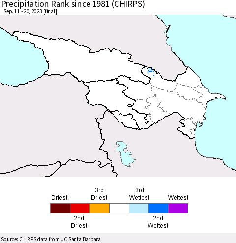 Azerbaijan, Armenia and Georgia Precipitation Rank since 1981 (CHIRPS) Thematic Map For 9/11/2023 - 9/20/2023