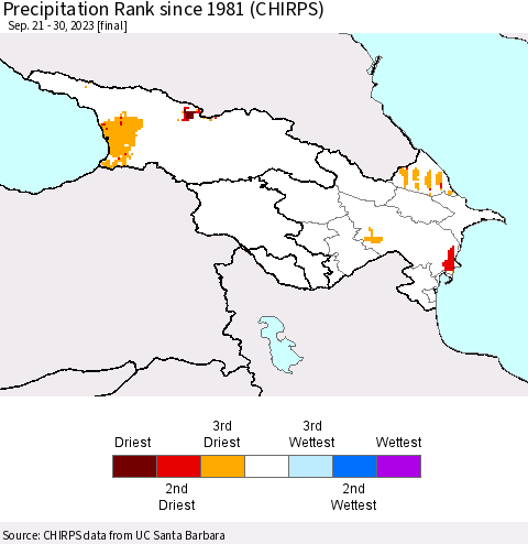 Azerbaijan, Armenia and Georgia Precipitation Rank since 1981 (CHIRPS) Thematic Map For 9/21/2023 - 9/30/2023