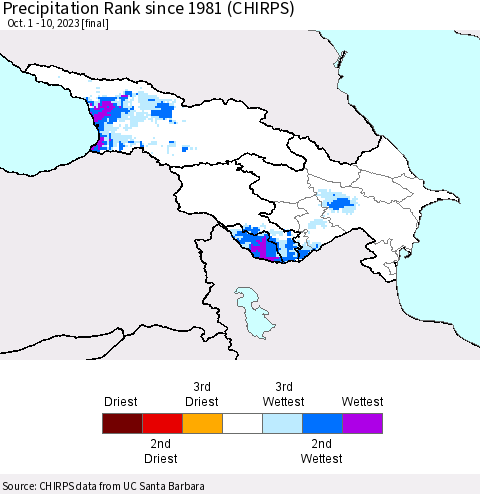 Azerbaijan, Armenia and Georgia Precipitation Rank since 1981 (CHIRPS) Thematic Map For 10/1/2023 - 10/10/2023
