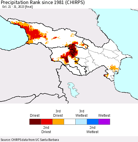 Azerbaijan, Armenia and Georgia Precipitation Rank since 1981 (CHIRPS) Thematic Map For 10/21/2023 - 10/31/2023