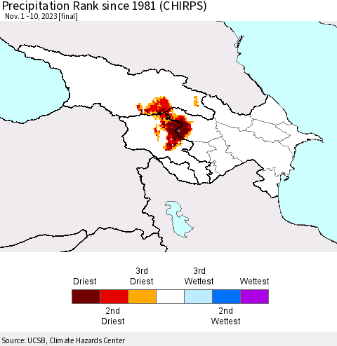 Azerbaijan, Armenia and Georgia Precipitation Rank since 1981 (CHIRPS) Thematic Map For 11/1/2023 - 11/10/2023