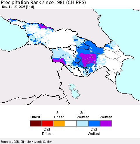 Azerbaijan, Armenia and Georgia Precipitation Rank since 1981 (CHIRPS) Thematic Map For 11/11/2023 - 11/20/2023