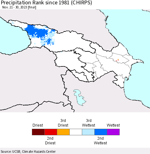 Azerbaijan, Armenia and Georgia Precipitation Rank since 1981 (CHIRPS) Thematic Map For 11/21/2023 - 11/30/2023