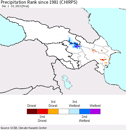 Azerbaijan, Armenia and Georgia Precipitation Rank since 1981 (CHIRPS) Thematic Map For 12/1/2023 - 12/10/2023