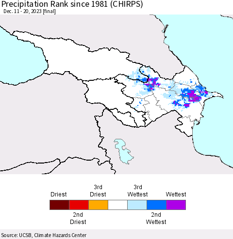 Azerbaijan, Armenia and Georgia Precipitation Rank since 1981 (CHIRPS) Thematic Map For 12/11/2023 - 12/20/2023