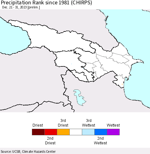 Azerbaijan, Armenia and Georgia Precipitation Rank since 1981 (CHIRPS) Thematic Map For 12/21/2023 - 12/31/2023