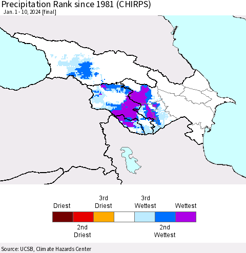 Azerbaijan, Armenia and Georgia Precipitation Rank since 1981 (CHIRPS) Thematic Map For 1/1/2024 - 1/10/2024