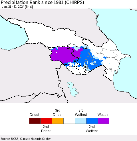 Azerbaijan, Armenia and Georgia Precipitation Rank since 1981 (CHIRPS) Thematic Map For 1/21/2024 - 1/31/2024