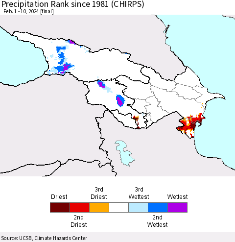 Azerbaijan, Armenia and Georgia Precipitation Rank since 1981 (CHIRPS) Thematic Map For 2/1/2024 - 2/10/2024