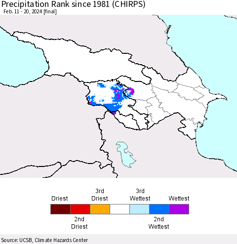 Azerbaijan, Armenia and Georgia Precipitation Rank since 1981 (CHIRPS) Thematic Map For 2/11/2024 - 2/20/2024