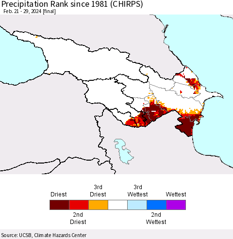 Azerbaijan, Armenia and Georgia Precipitation Rank since 1981 (CHIRPS) Thematic Map For 2/21/2024 - 2/29/2024