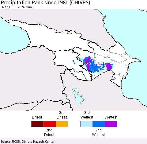 Azerbaijan, Armenia and Georgia Precipitation Rank since 1981 (CHIRPS) Thematic Map For 3/1/2024 - 3/10/2024