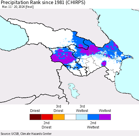 Azerbaijan, Armenia and Georgia Precipitation Rank since 1981 (CHIRPS) Thematic Map For 3/11/2024 - 3/20/2024