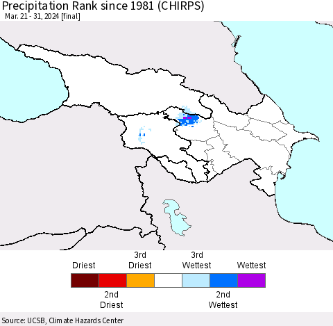 Azerbaijan, Armenia and Georgia Precipitation Rank since 1981 (CHIRPS) Thematic Map For 3/21/2024 - 3/31/2024