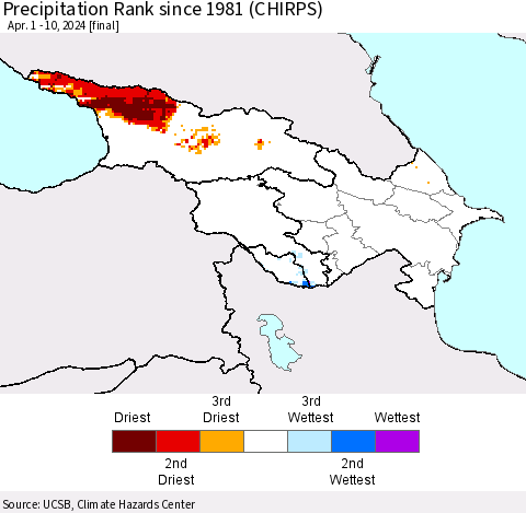 Azerbaijan, Armenia and Georgia Precipitation Rank since 1981 (CHIRPS) Thematic Map For 4/1/2024 - 4/10/2024