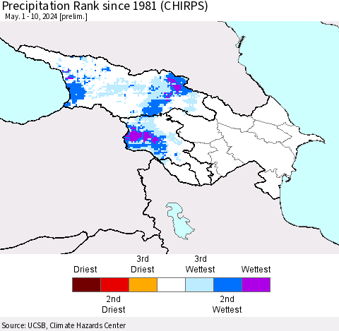 Azerbaijan, Armenia and Georgia Precipitation Rank since 1981 (CHIRPS) Thematic Map For 5/1/2024 - 5/10/2024
