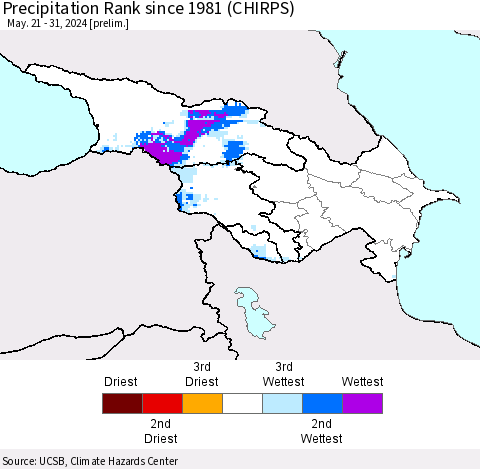 Azerbaijan, Armenia and Georgia Precipitation Rank since 1981 (CHIRPS) Thematic Map For 5/21/2024 - 5/31/2024