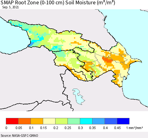 Azerbaijan, Armenia and Georgia SMAP Root Zone (0-100 cm) Soil Moisture (m³/m³) Thematic Map For 9/1/2021 - 9/5/2021