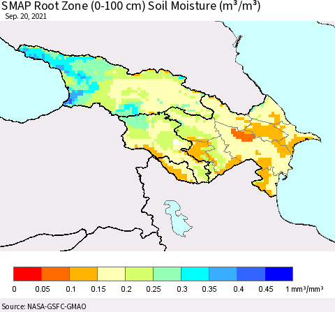 Azerbaijan, Armenia and Georgia SMAP Root Zone (0-100 cm) Soil Moisture (m³/m³) Thematic Map For 9/16/2021 - 9/20/2021