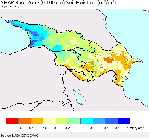 Azerbaijan, Armenia and Georgia SMAP Root Zone (0-100 cm) Soil Moisture (m³/m³) Thematic Map For 9/21/2021 - 9/25/2021