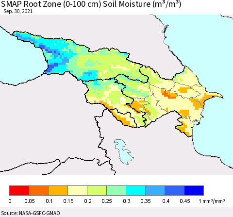 Azerbaijan, Armenia and Georgia SMAP Root Zone (0-100 cm) Soil Moisture (m³/m³) Thematic Map For 9/26/2021 - 9/30/2021