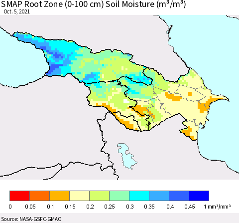 Azerbaijan, Armenia and Georgia SMAP Root Zone (0-100 cm) Soil Moisture (m³/m³) Thematic Map For 10/1/2021 - 10/5/2021
