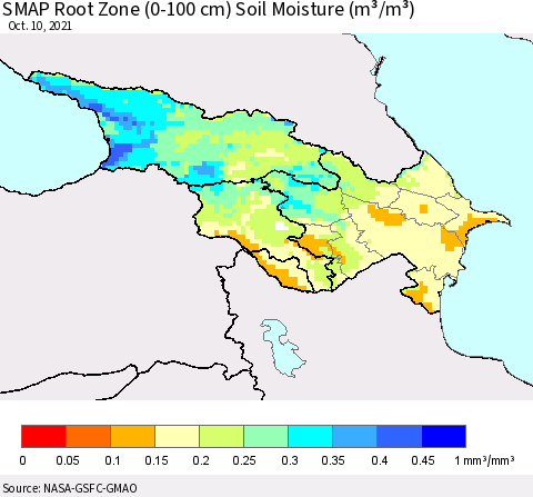 Azerbaijan, Armenia and Georgia SMAP Root Zone (0-100 cm) Soil Moisture (m³/m³) Thematic Map For 10/6/2021 - 10/10/2021