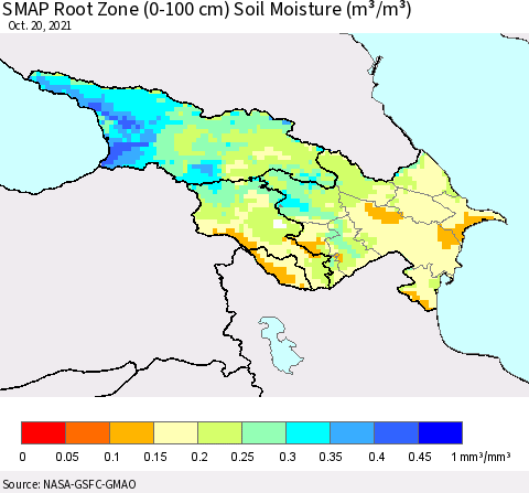 Azerbaijan, Armenia and Georgia SMAP Root Zone (0-100 cm) Soil Moisture (m³/m³) Thematic Map For 10/16/2021 - 10/20/2021