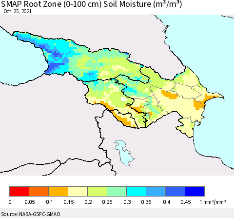 Azerbaijan, Armenia and Georgia SMAP Root Zone (0-100 cm) Soil Moisture (m³/m³) Thematic Map For 10/21/2021 - 10/25/2021