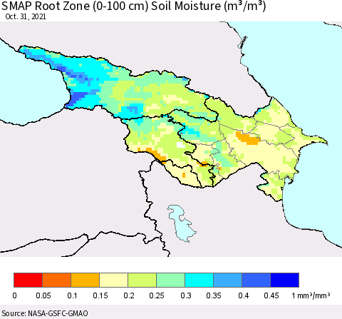 Azerbaijan, Armenia and Georgia SMAP Root Zone (0-100 cm) Soil Moisture (m³/m³) Thematic Map For 10/26/2021 - 10/31/2021