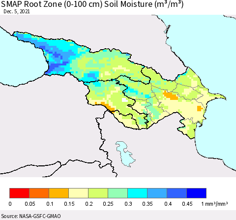 Azerbaijan, Armenia and Georgia SMAP Root Zone (0-100 cm) Soil Moisture (m³/m³) Thematic Map For 12/1/2021 - 12/5/2021
