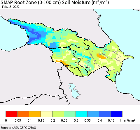 Azerbaijan, Armenia and Georgia SMAP Root Zone (0-100 cm) Soil Moisture (m³/m³) Thematic Map For 2/11/2022 - 2/15/2022