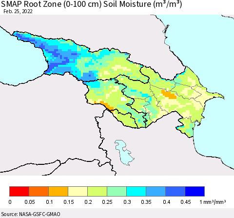 Azerbaijan, Armenia and Georgia SMAP Root Zone (0-100 cm) Soil Moisture (m³/m³) Thematic Map For 2/21/2022 - 2/25/2022