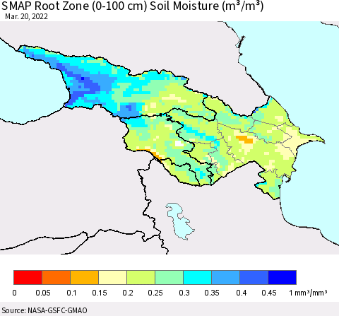Azerbaijan, Armenia and Georgia SMAP Root Zone (0-100 cm) Soil Moisture (m³/m³) Thematic Map For 3/16/2022 - 3/20/2022
