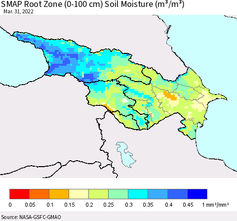 Azerbaijan, Armenia and Georgia SMAP Root Zone (0-100 cm) Soil Moisture (m³/m³) Thematic Map For 3/26/2022 - 3/31/2022