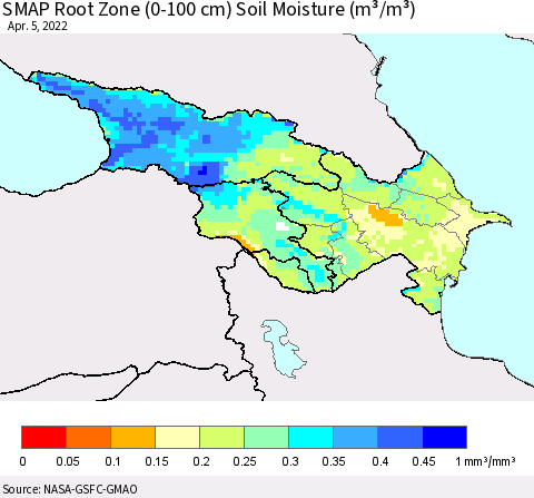 Azerbaijan, Armenia and Georgia SMAP Root Zone (0-100 cm) Soil Moisture (m³/m³) Thematic Map For 4/1/2022 - 4/5/2022