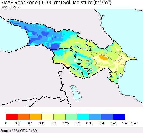 Azerbaijan, Armenia and Georgia SMAP Root Zone (0-100 cm) Soil Moisture (m³/m³) Thematic Map For 4/11/2022 - 4/15/2022