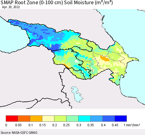 Azerbaijan, Armenia and Georgia SMAP Root Zone (0-100 cm) Soil Moisture (m³/m³) Thematic Map For 4/16/2022 - 4/20/2022