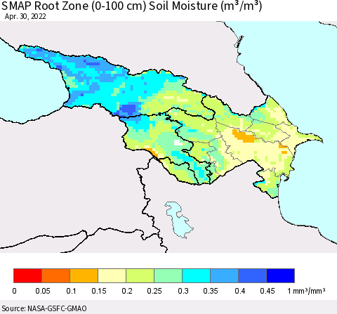 Azerbaijan, Armenia and Georgia SMAP Root Zone (0-100 cm) Soil Moisture (m³/m³) Thematic Map For 4/26/2022 - 4/30/2022